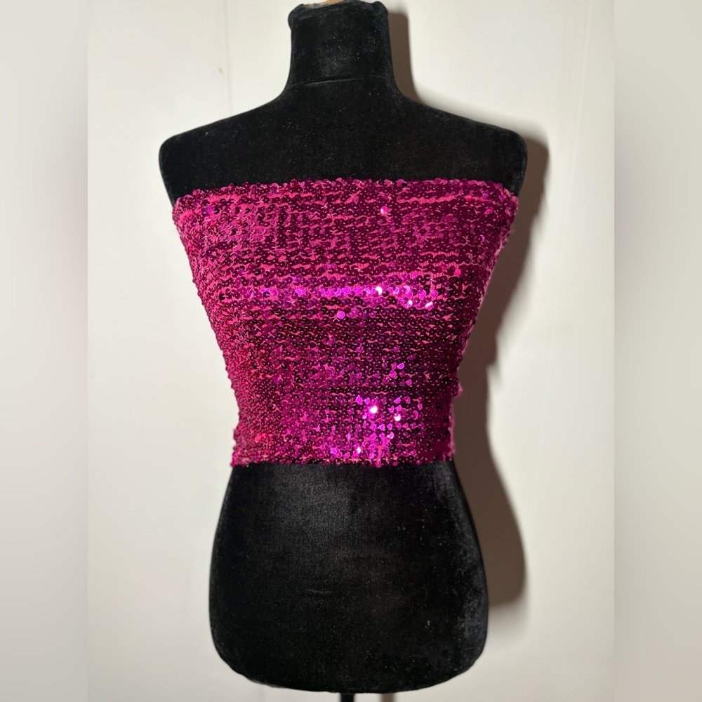 Vibrant Pink Sequin Strapless Crop Top